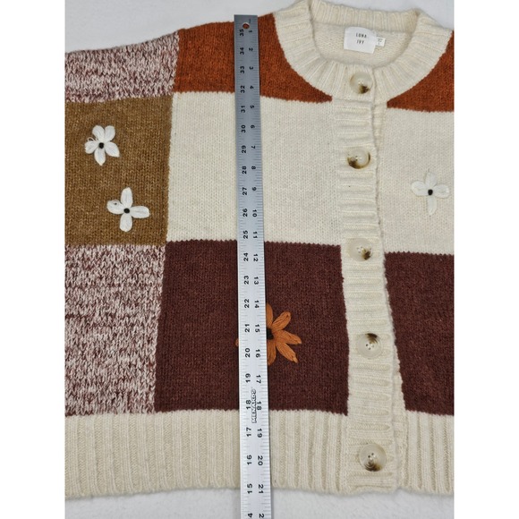 LUNA IVY Patchwork Knit Cardigan Sweater Floral Applique Earth Tones Women's L - Picture 7 of 9